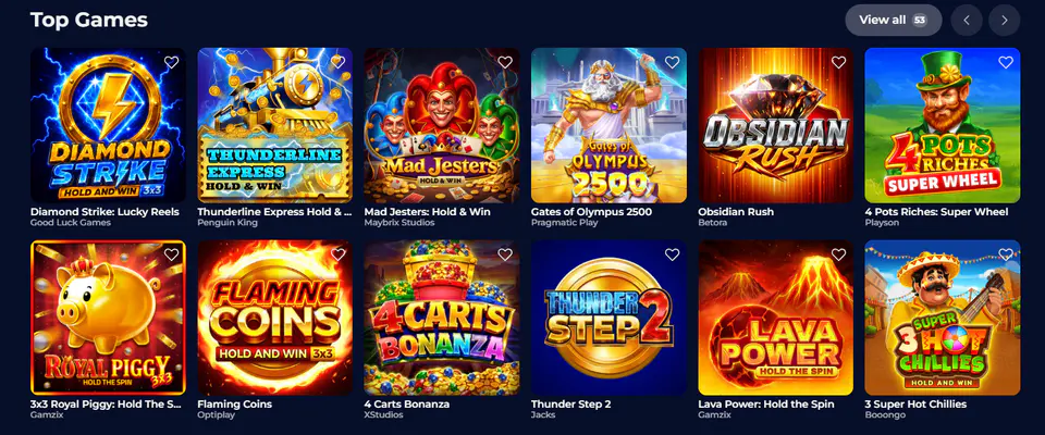 NineWin casino top games featuring video slots, Hold and Win titles and jackpot games