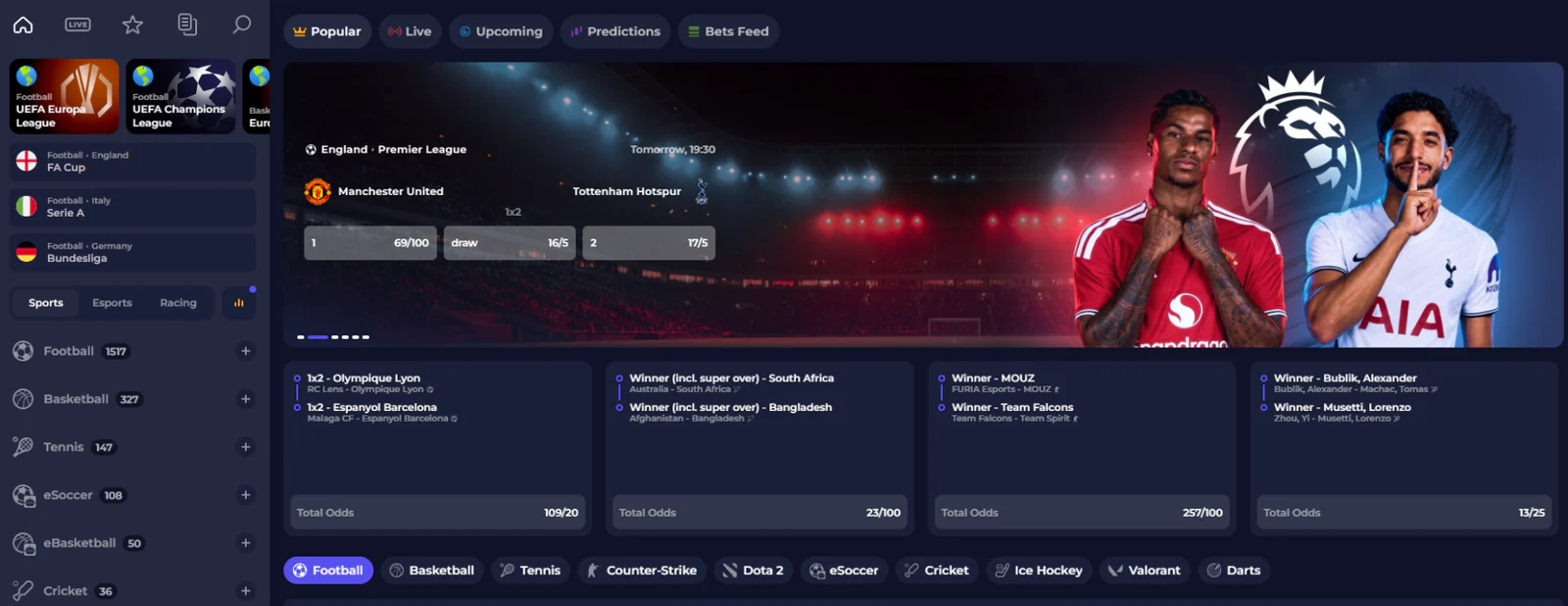 NineWin sportsbook interface displaying football matches, betting odds and sports markets